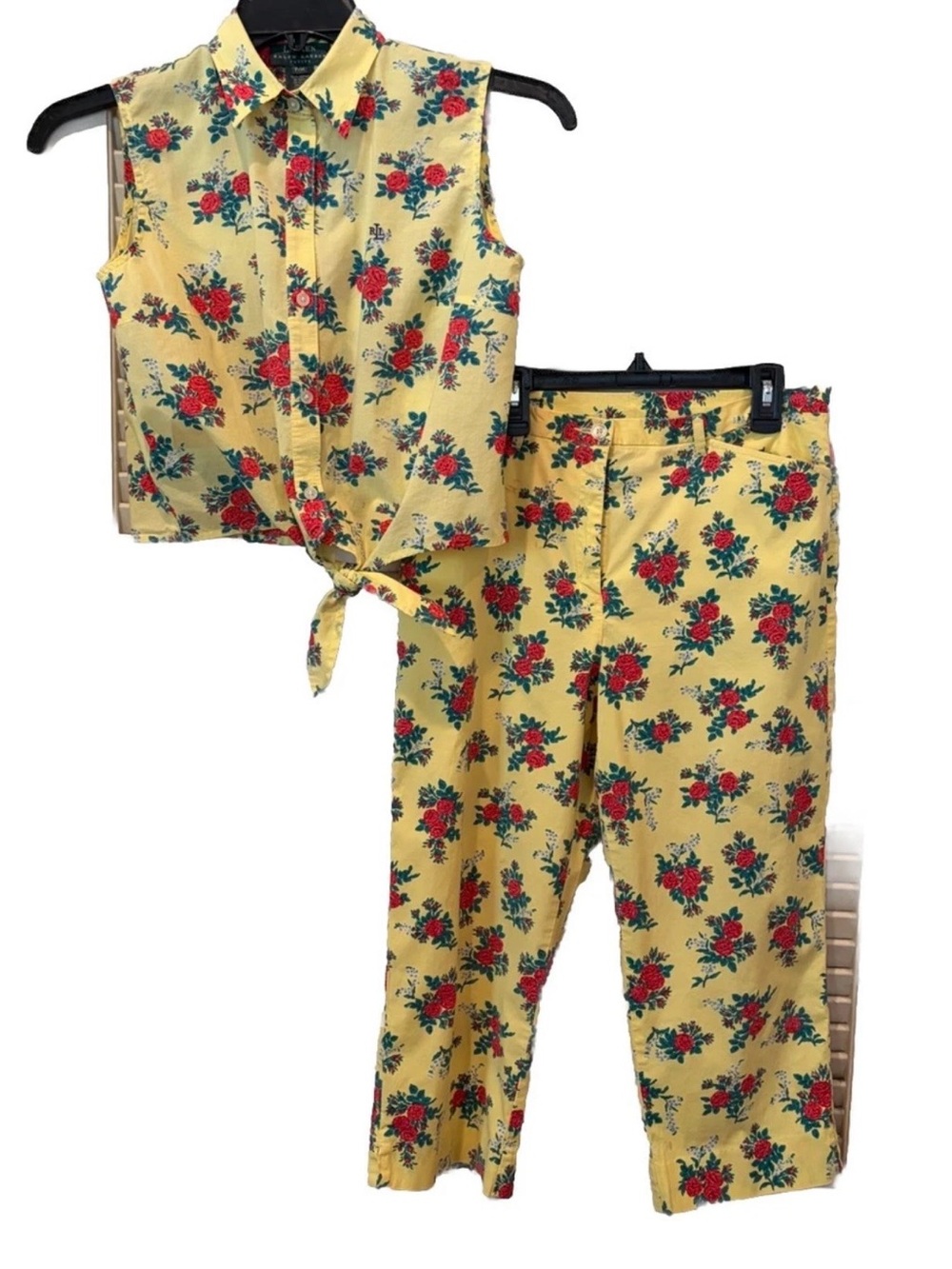 Ralph Lauren Yellow Floral Crop Top & Matching Pants Set Petite 10 Vtg Read